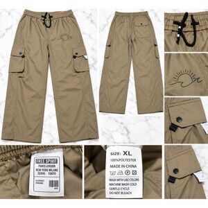Free Spirit Khaki Cargo Pants XL Wide Leg Utility Streetwear Drawstring